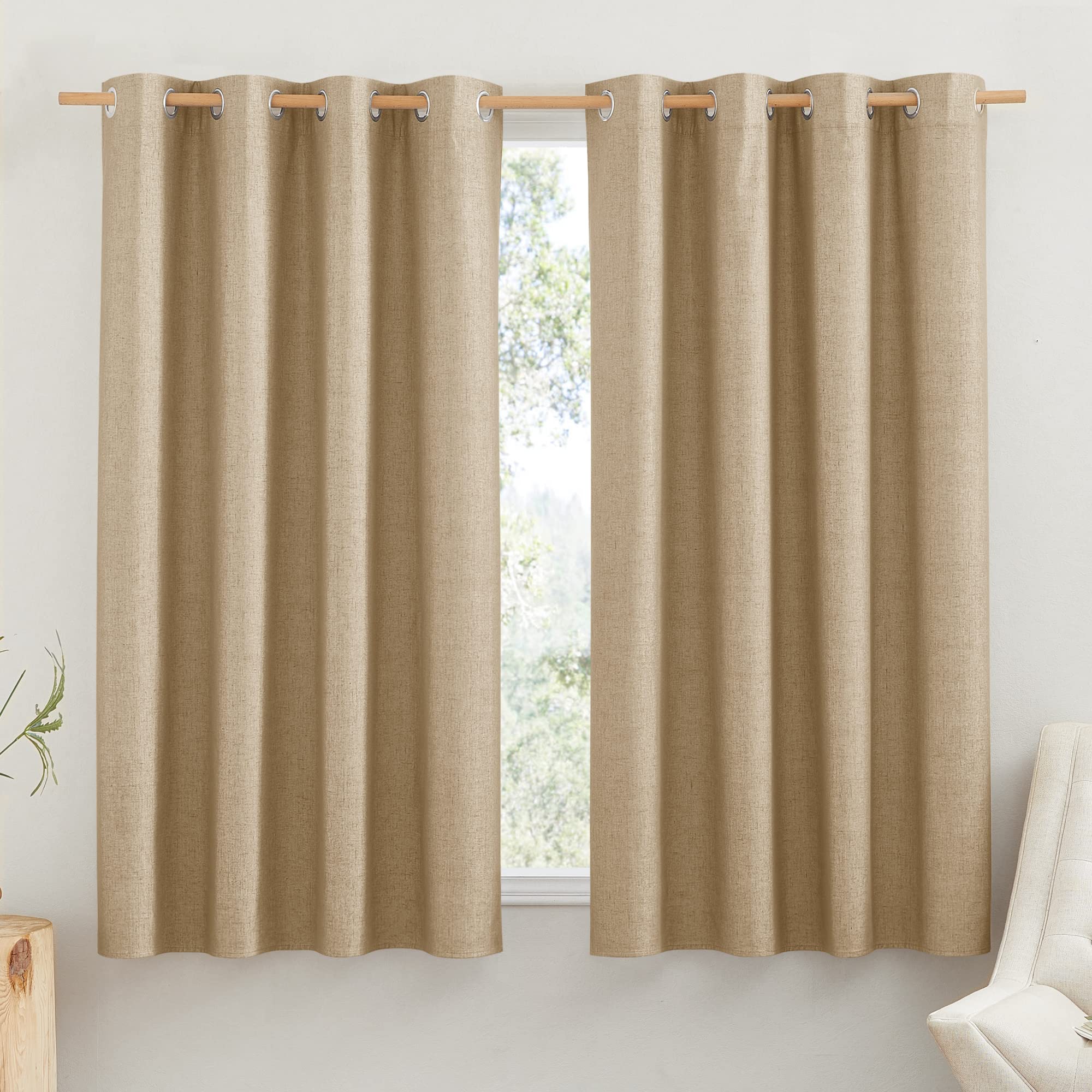 PONY DANCE 100% Blackout Curtains for Bedroom Energy Saving Thermal Faux Linen Eyelet Curtains Noise Reduction Window Panels for Living Room Kitchen, 132 x 160 cm, Camel 2 Panels