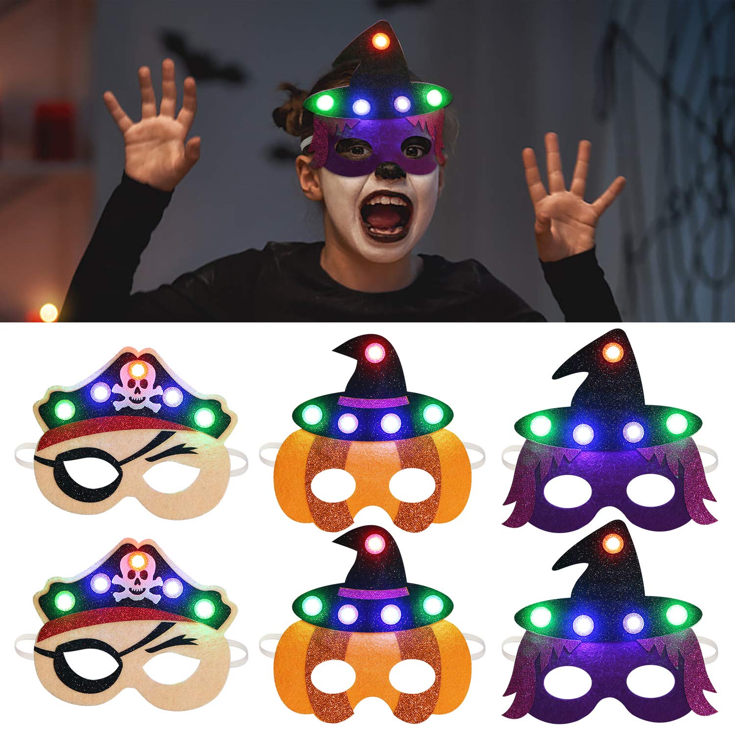ZOYLINK Halloween Mask Kids Mask Felt Mask, LED Mask cosplay Mask Party Mask for Carnival Birthday Party Costume Ball to Play Pumpkin Pirate Witch Mask (6 Pack)