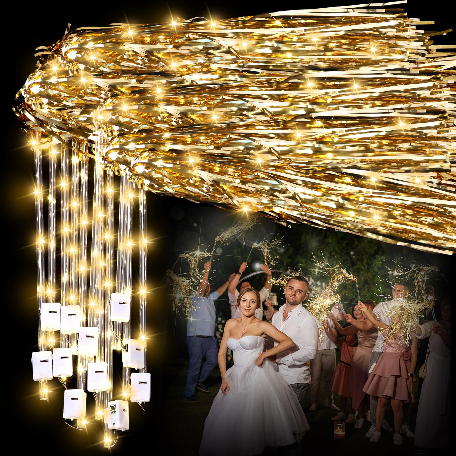Photo 1 of Simgoing 24 Pcs Lighted Wedding Wands LED Tinsel Wedding Light up Wands Streamers Sparklers Send Off and Exits Props Birthday Baby Shower Party Favors(Champagne Gold)