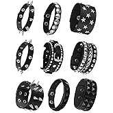 Hicarer 9 Pieces Spiked Studded Bracelet Black Leather Rivet Punk Bracelet Cuff Wrap Bangle Snap Button Metal Wristband for Men Women