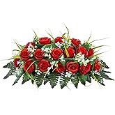 MOOMASS Cemetery Headstone Flower Saddle - Artificial Cemetery Flowers Rose, Grave Decoration,Non-Bleed Colors, and Easy Fit (red, Saddle)