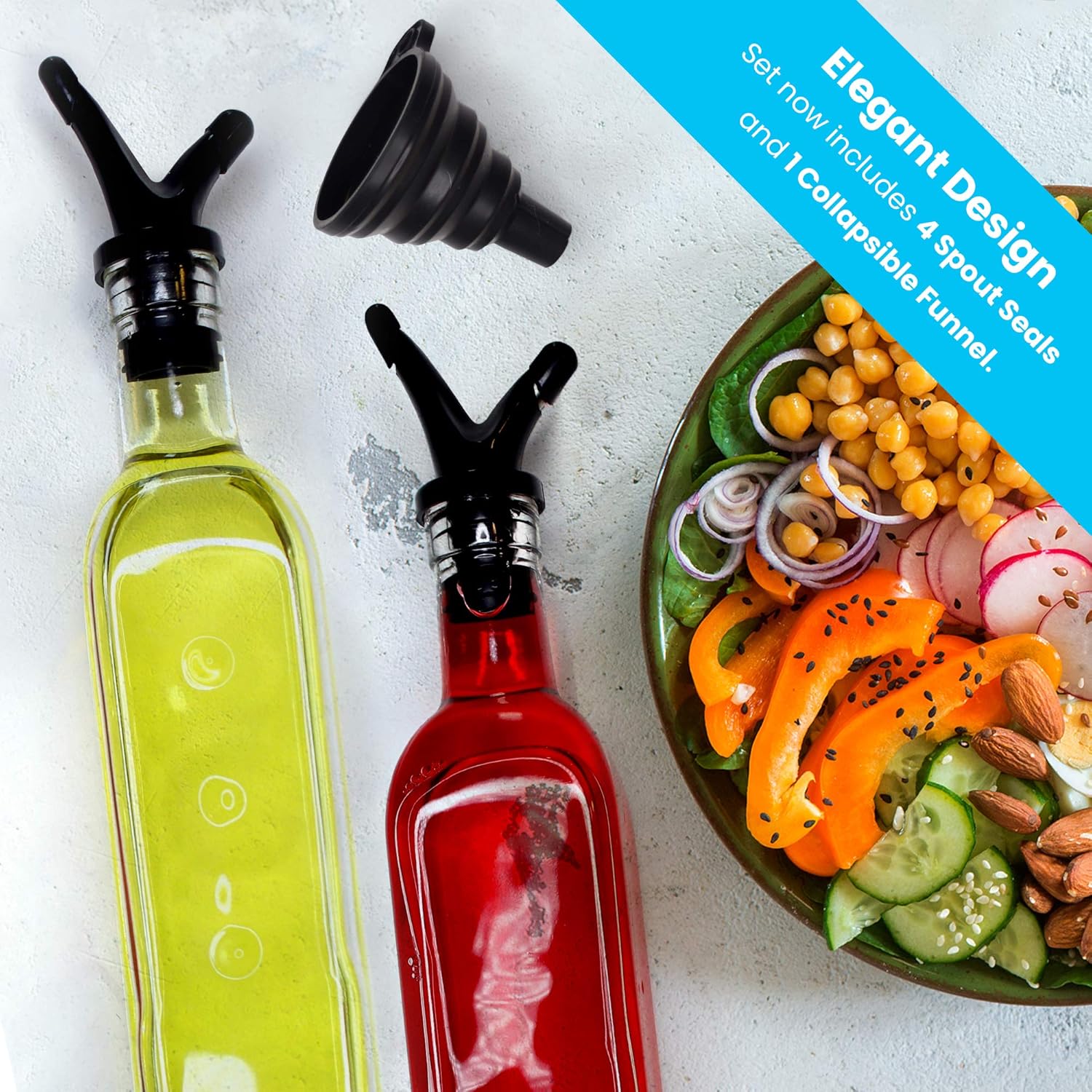 Zeppoli Oil and Vinegar Bottle Dispenser Set with Stainless Steel Rack and Removable Cork - Dual Spout, Pouring Funnel, 4 Spout Seals, 17 oz Olive Oil Bottle and Vinegar Glass Set: Kitchen & Dining