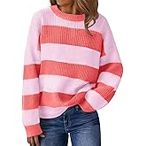 SunnyMelody Womens Cute Color Block Striped Sweater Fall 2025 Pullover Knit Tops - Ribbed Crew Neck, Lightweight, Loose Fit