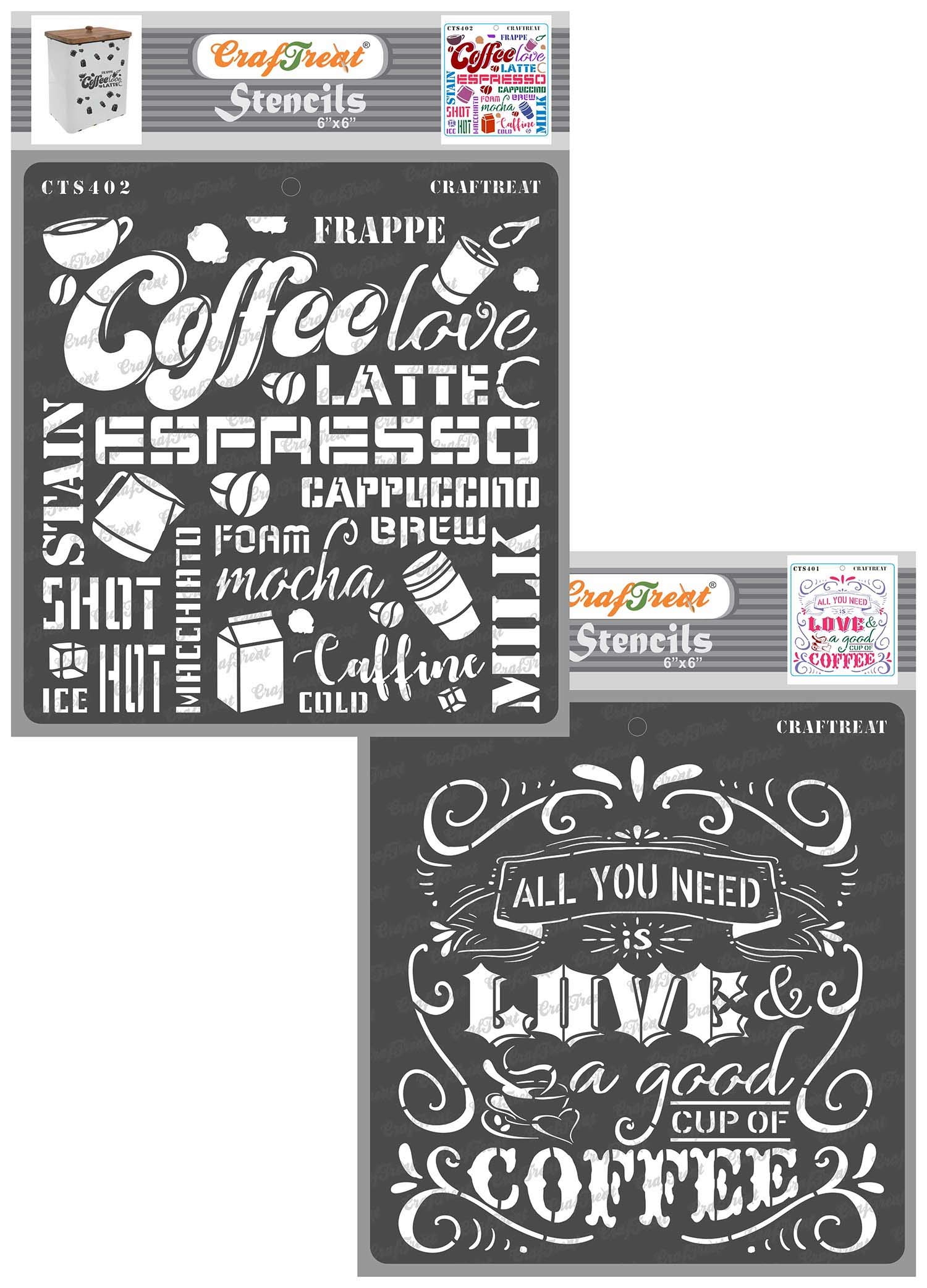 CrafTreat Reusable Coffee Stencils for Painting on Wood, Canvas, Paper, Fabric, Floor, Wall - Coffee Love and Coffee (2 Pcs) -6x6 Inch Each - DIY Art and Craft Stencils with Quotes