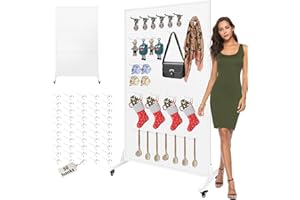 Royxen 3.5 x 6 Feet Metal Pegboard with 50 Hooks, Peg Board Display Stand with Wheels, Large Standing Pegboard Displaywith T-Base Art Display Stand for Retail Stores Exhibitions Homes (White)