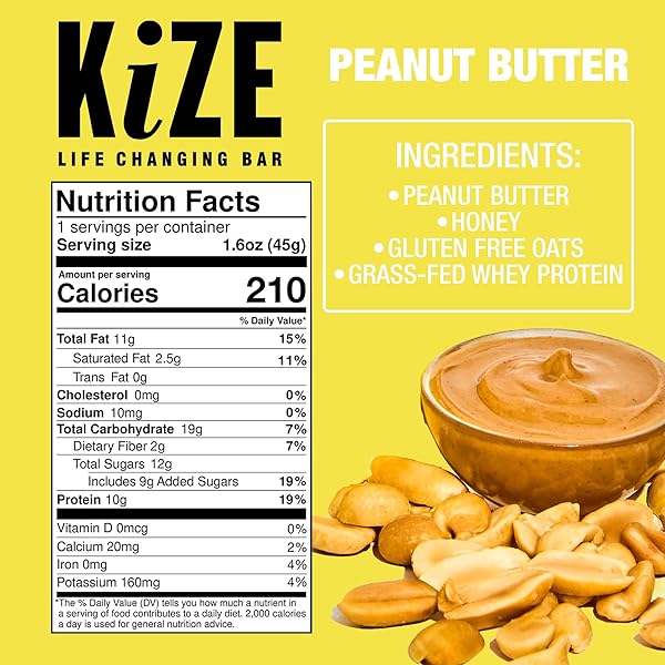 KIZE ENERGY BARS – PEANUT BUTTER – GLUTEN FREE, NON-GMO, AND HIGH PROTEIN MEAL REPLACEMENT ENERGY BARS, CLEAN AND SIMPLE FOOD INGREDIENTS – 10G HIGH PROTEIN SNACKS, (10 COUNT)