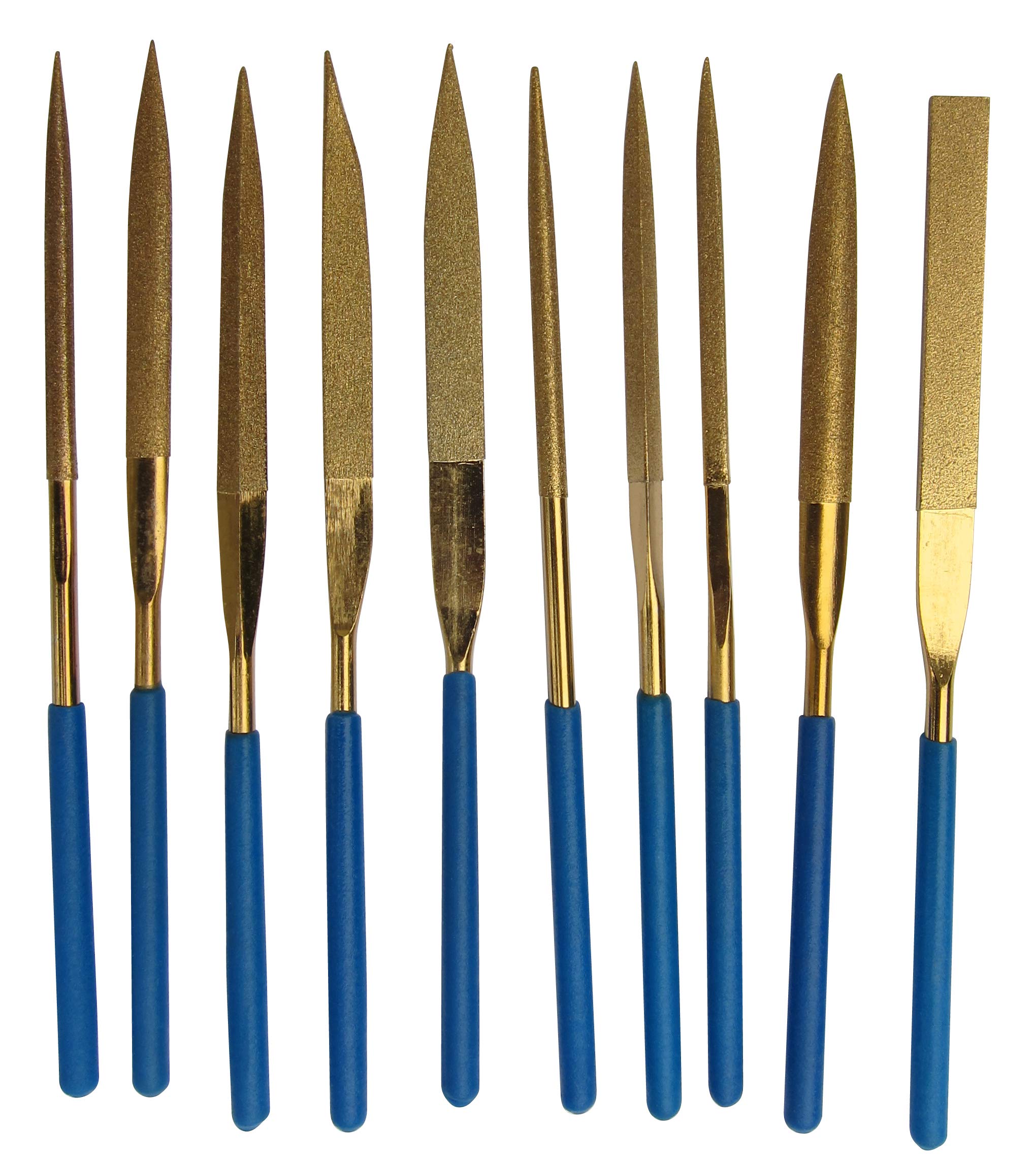 7-Inch Titanium Diamond Needle Files 10 Shapes, Medium #120 Grit Golden Titanium Diamond Coated, for Metal/Ceramic/Jewelry/Glass filing, Quality-grade (Class II) Diamond Needle Files 10-Pack