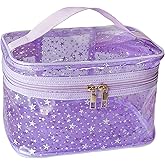 TotePrint Star Print Purple PVC Makeup Bag with Handle - 8.66 * 5.51 * 5.51 inch,Clear Storage Bag Toiletry Pocket Portable Zippered Pouch Waterproof Cosmetic Organizer Bags for Women (Purple-L)