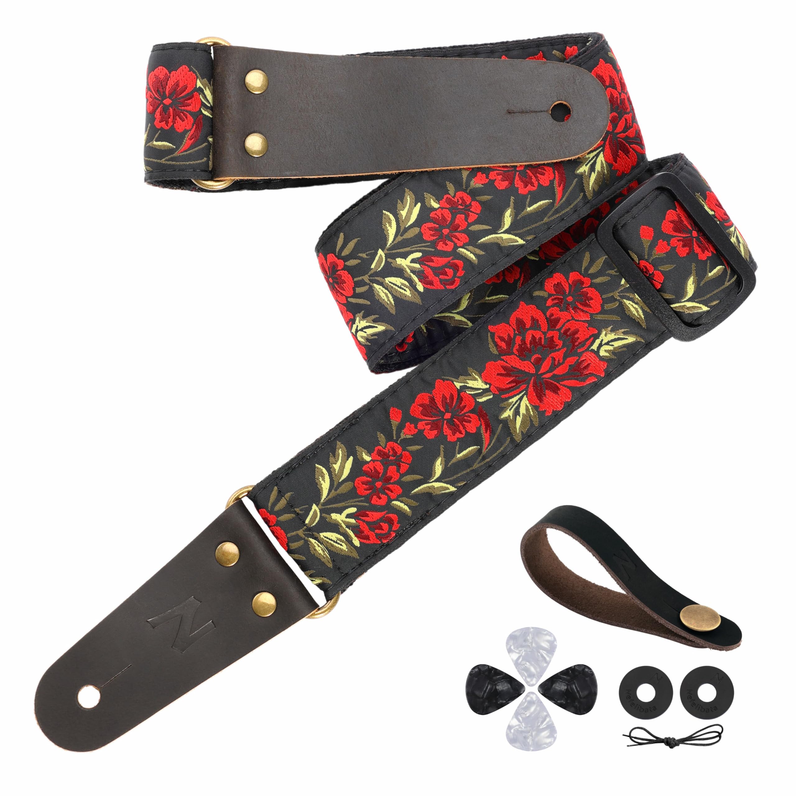 Nefelibata Guitar Strap, 2" Cotton Embroidery Guitar Straps, Full Grain Leather Ends with Hidden Pocket, for Bass, Electric and Acoustic Guitars, Strap Button, Strap Locks and Guitar Picks — image 1