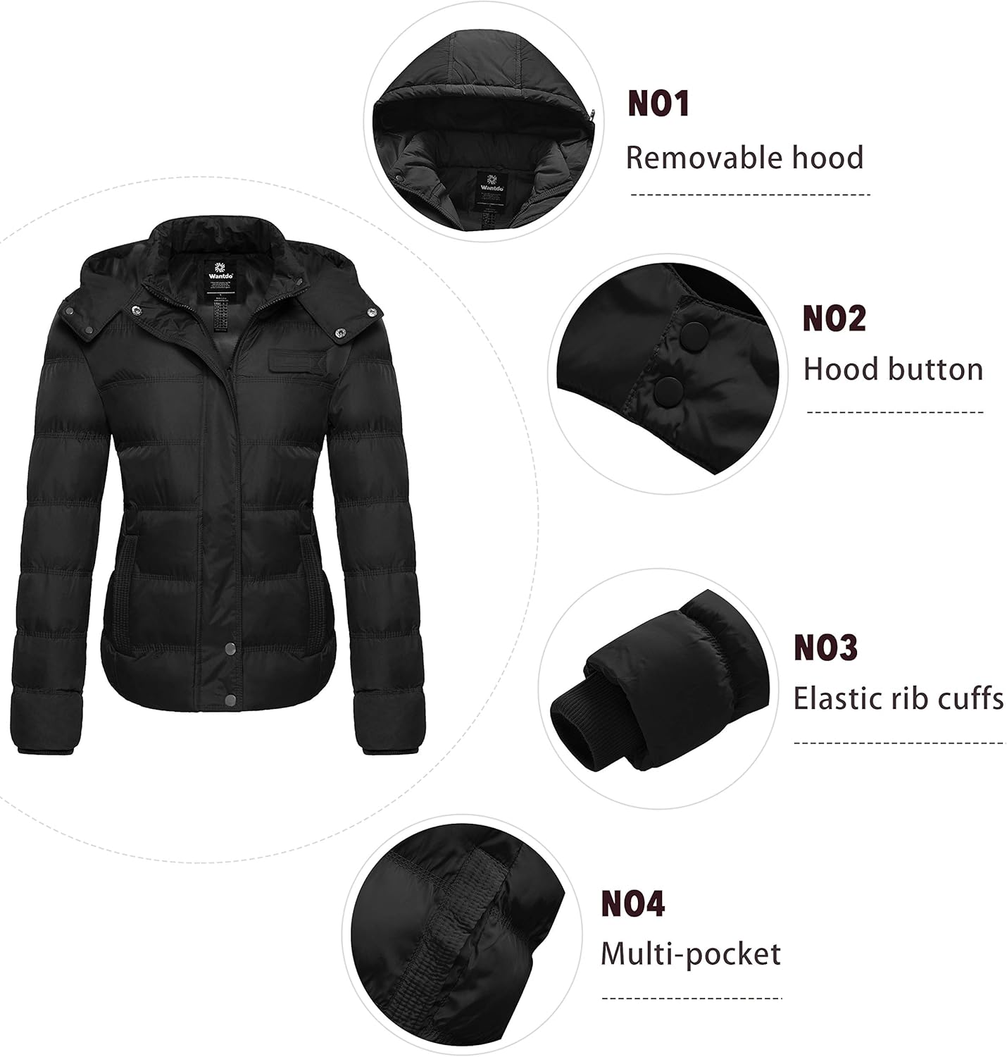 Wantdo Women's Hooded Warm Winter Coat Quilted Thicken Puffer Jacket with Removable Hood: Clothing