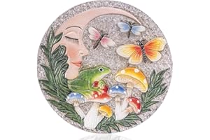 Bechivie 9.8 Inch Garden Stepping Stones, 3D Round Resin Decorative Frog Stepping Stone with Moon Butterfly Mushroom Design, 