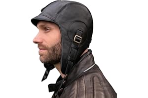COTE CUIR Real Leather Aviator Hat, Black Leather Helmet, Pilot Cap, for Men and Women, Simon Model