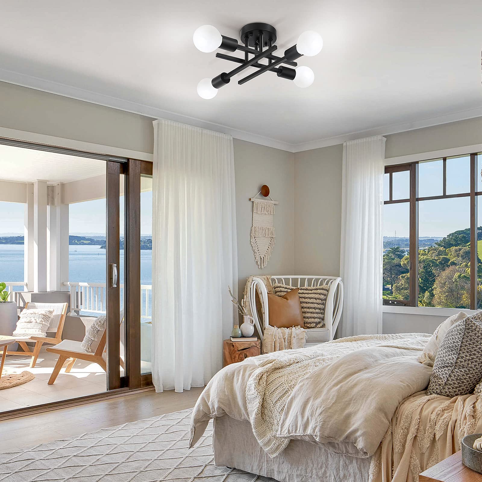 SunRider Industrial 4-Light Semi Flush Mount Ceiling Light Fixture, Modern Farmhouse Lights Matte Black, Rustic Sputnik Chandelier for Bedroom Foyer