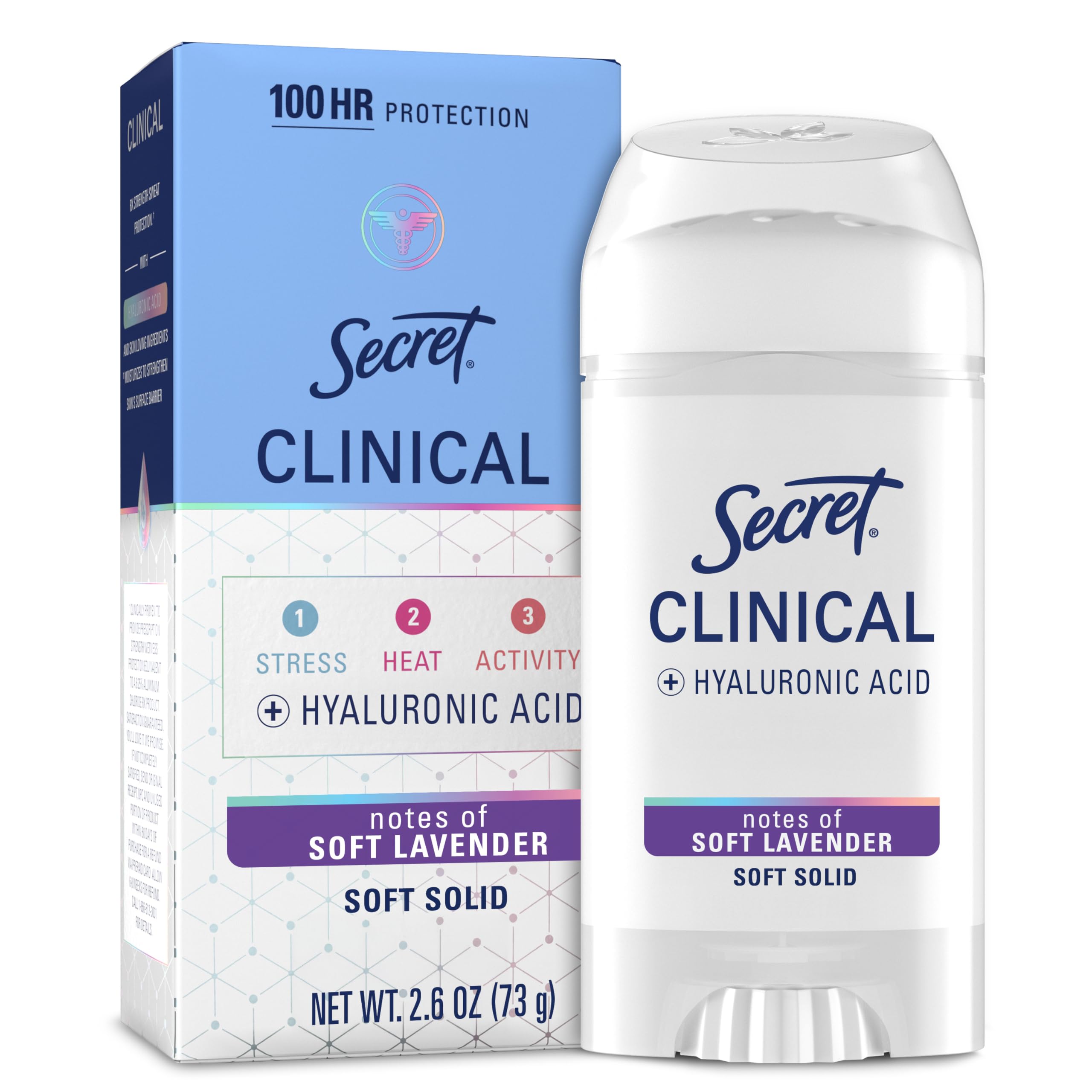 Photo 1 of Secret Clinical Strength Antiperspirant Deodorant for Women, 100hr Sweat & Odor Protection, 3X Stress Protection with Hyaluronic Acid, PH Balancing Minerals, Soft Solid, Soft Lavender Scent, 2.6 oz