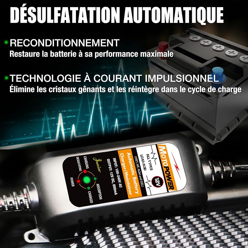 MP00205A 12V 800mA Entièrement Chargeur de Batterie Automatique/Mainteneur pour Voitures, Motos, ATV, RVS, Powersports, Bateau et Plus Encore