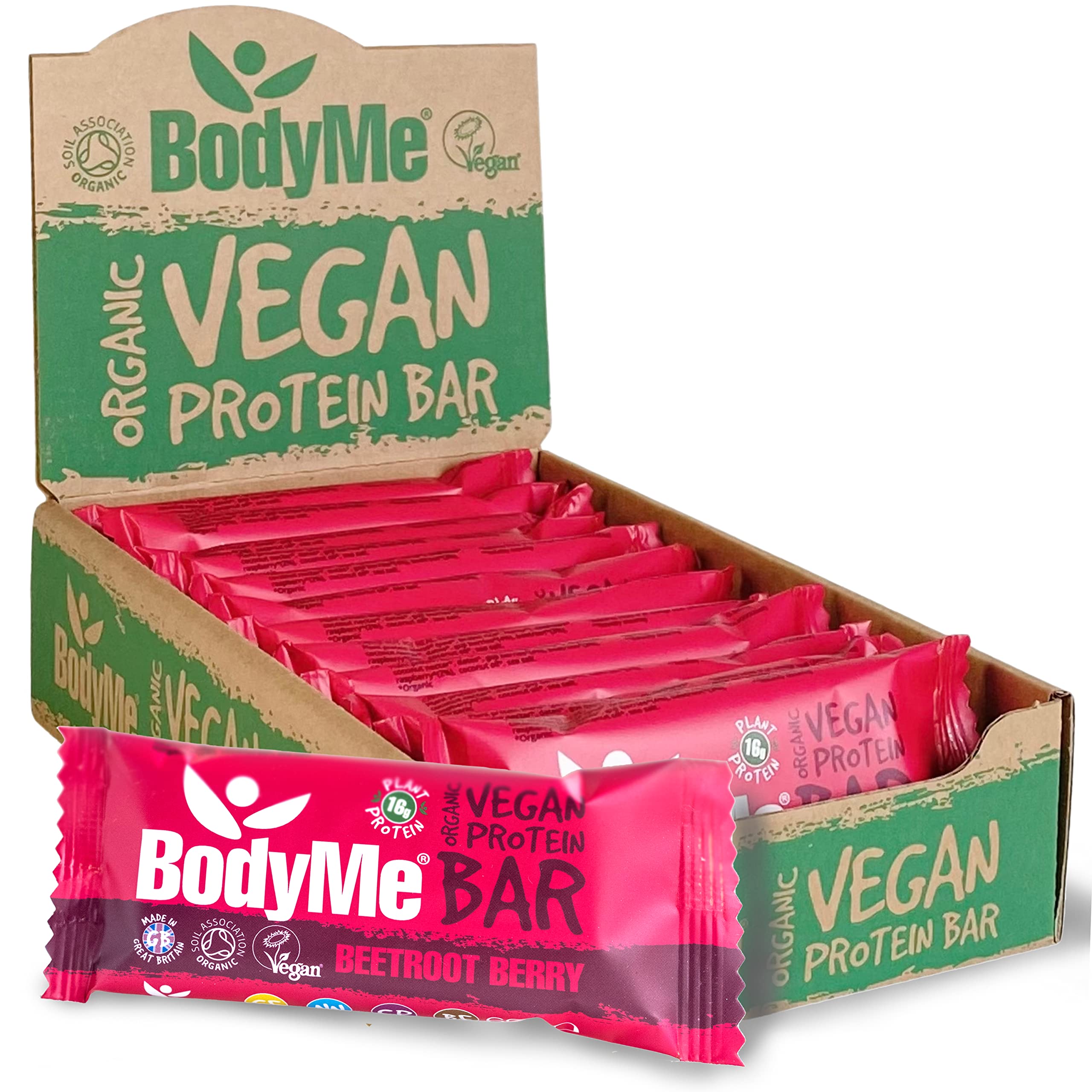 BodyMe Organic Vegan Protein Bar | Raw Beetroot Berry | 12 x 60g Protein Snack Bars | Gluten Free | 16g Complete Protein | 3 Plant Proteins with All Essential Amino Acids | High Protein Vegan Snacks