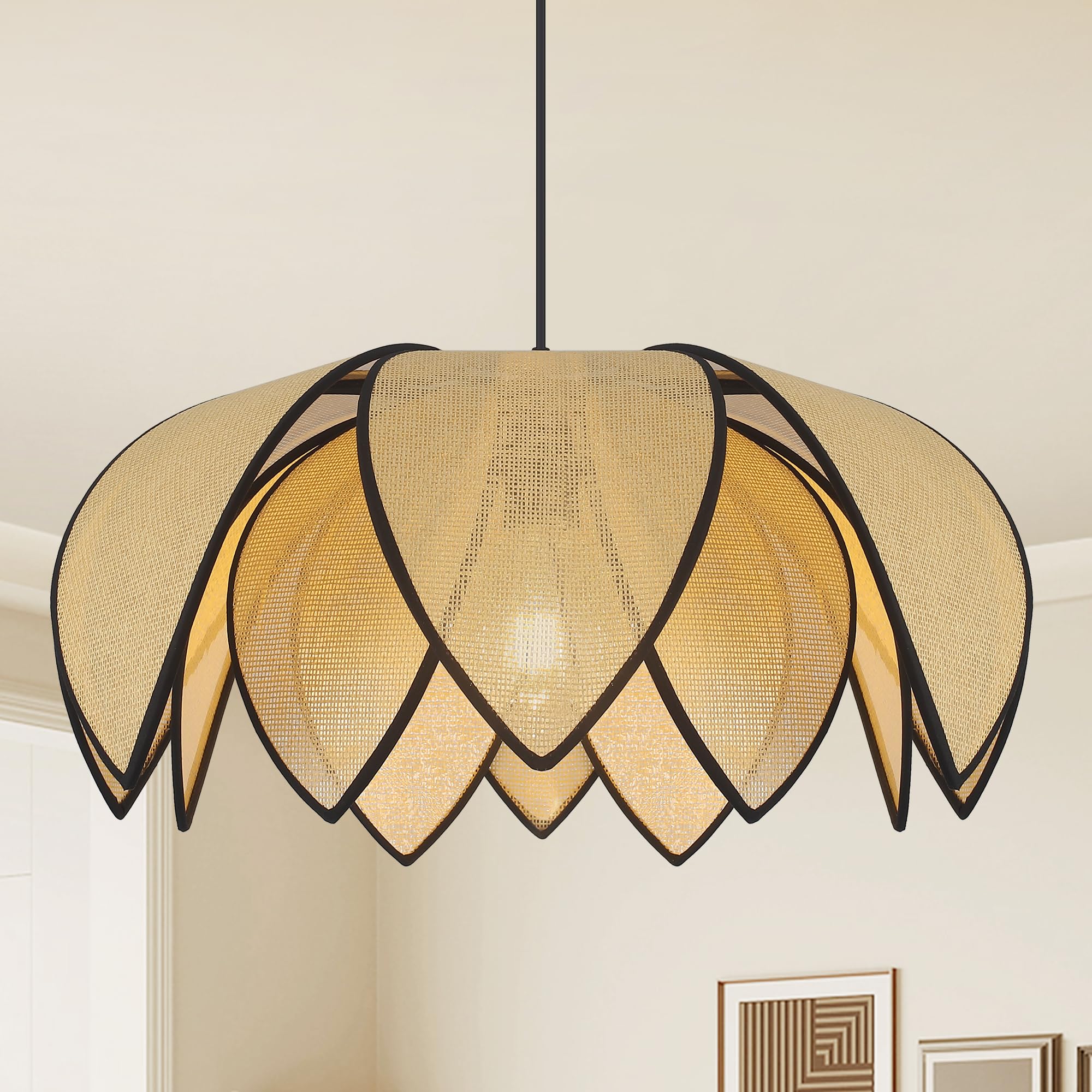 Photo 1 of QMNHAU 21'' Boho Rattan Chandeliers for Dining Room, Modern Farmhouse Wicker Pendant Light Fixtures with Large Hand Woven Flower Light Fixtures for Kitchen Island Living Room Entryway Bedroom