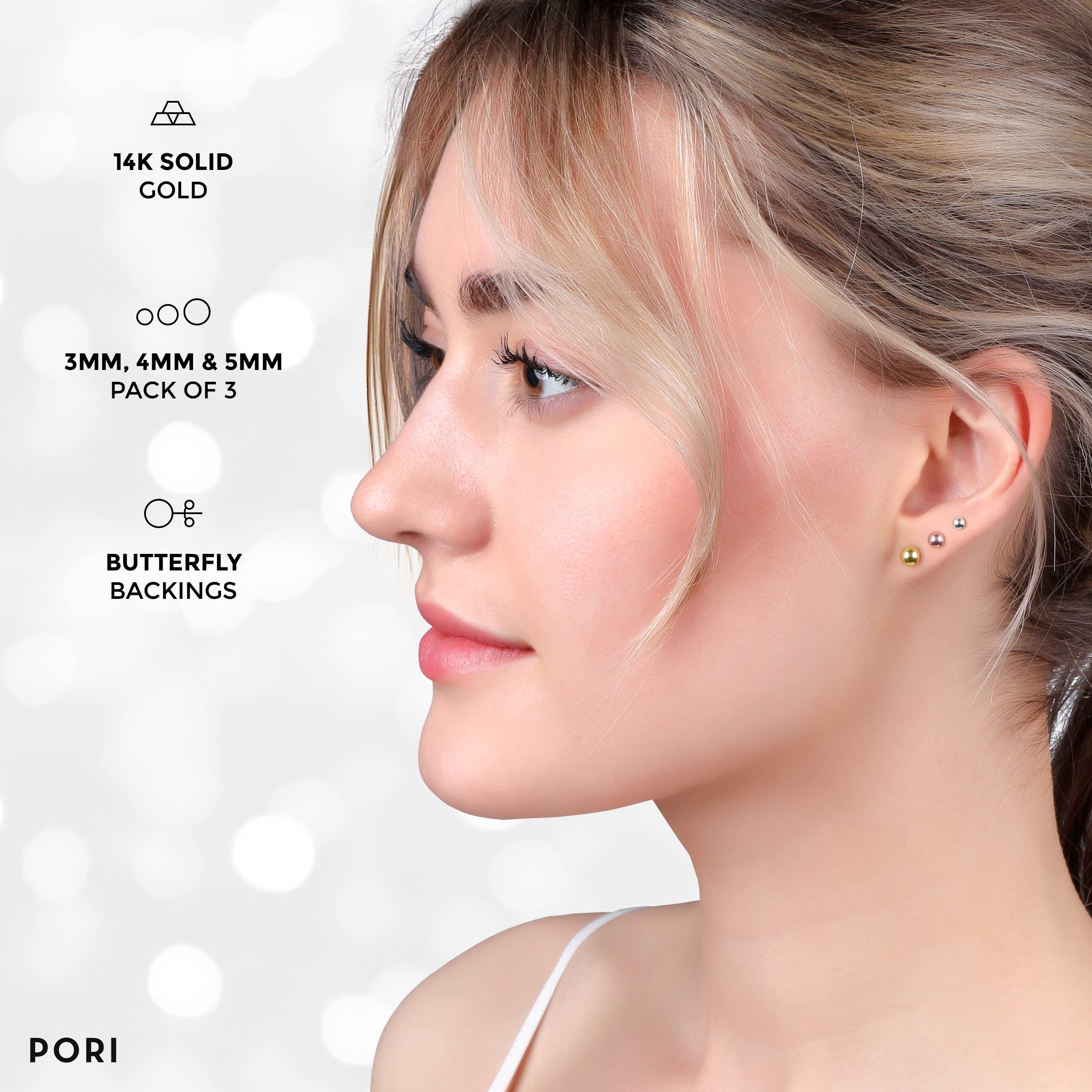 PORI JEWELERS 14K Solid Gold Ball Stud Earrings (3-Pair-Pack) 3MM 4MM and 5MM - Choose a Color