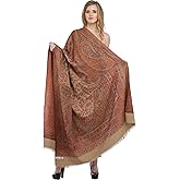 Exotic India Reversible Jamawar Shawl with Woven Paisleys - Wool
