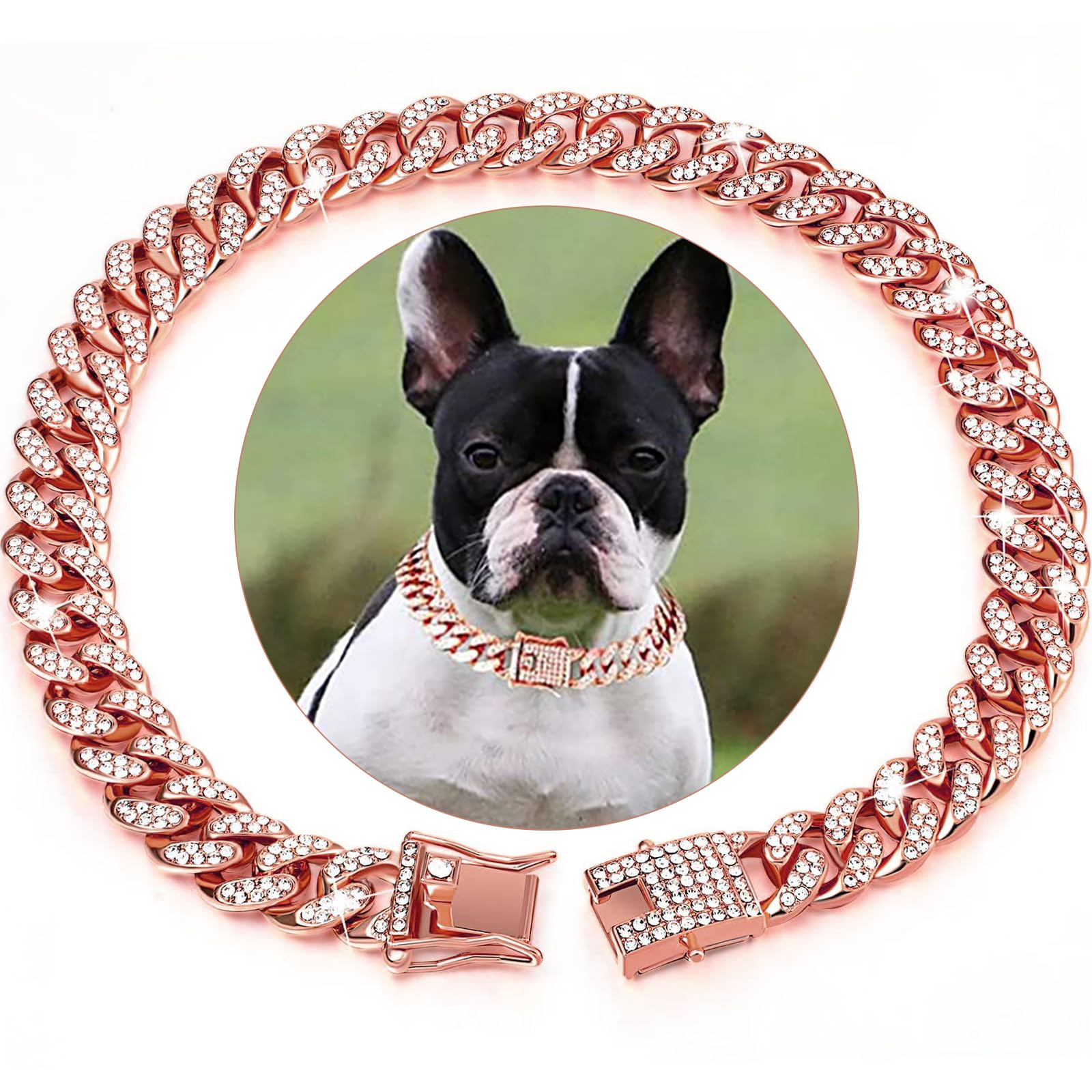 Rosegold Dog Chain Diamond Cuban Collars Walking Rosegold Metal Chain Collar with Design Secure Buckle,Pet Cuban Crystal Jewelry Collar Necklace Accessories for Dogs Cats(Rosegold,20inch)