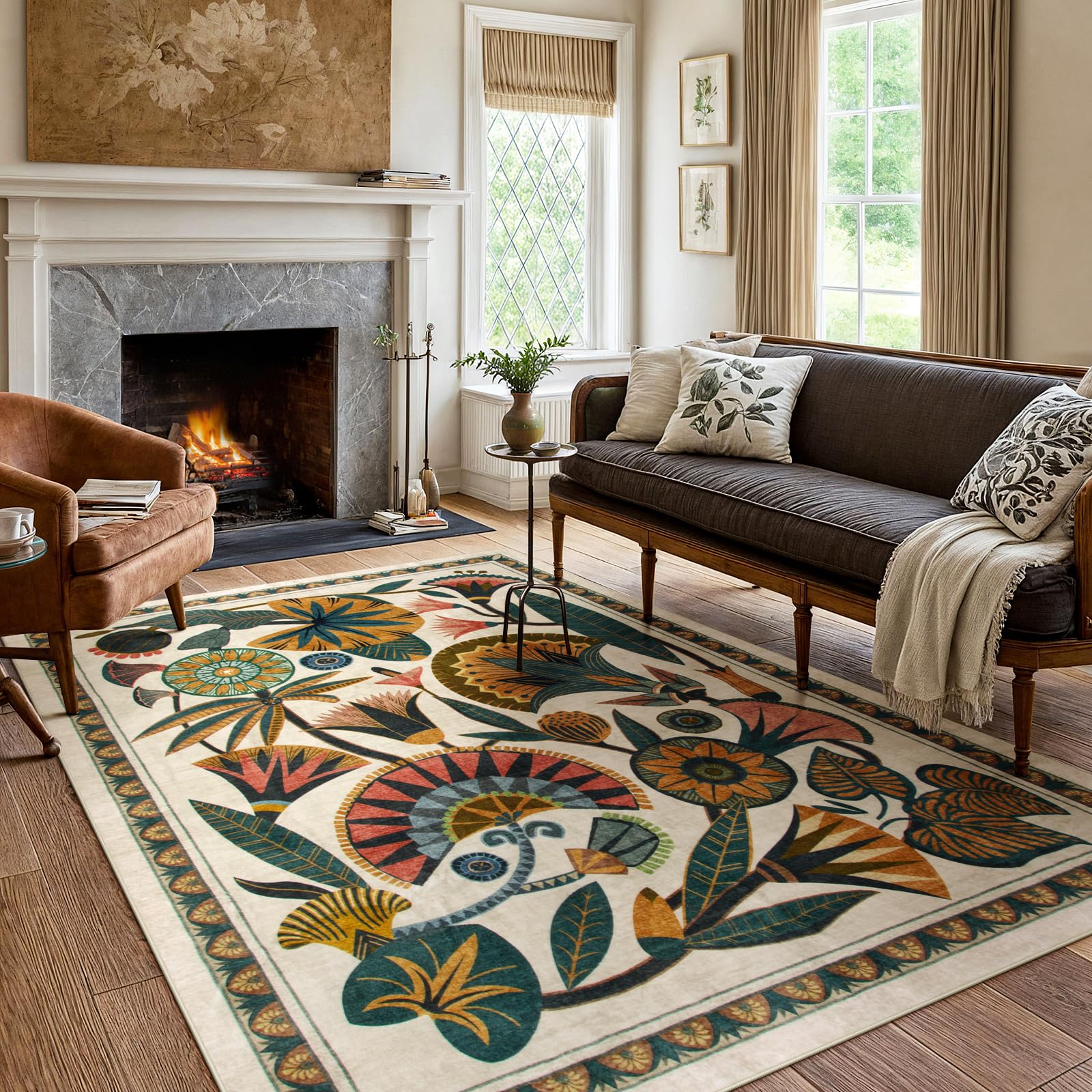 Photo 1 of Zealude Egypt Floral Washable Area Rugs for Living Room 5x7 Boho Large Vintage Beige Bedroom Dining Room Rug,Non Slip Soft Throw Carpet for Entryway Kitchen Office Hardwood Playroom (5 x 7)
