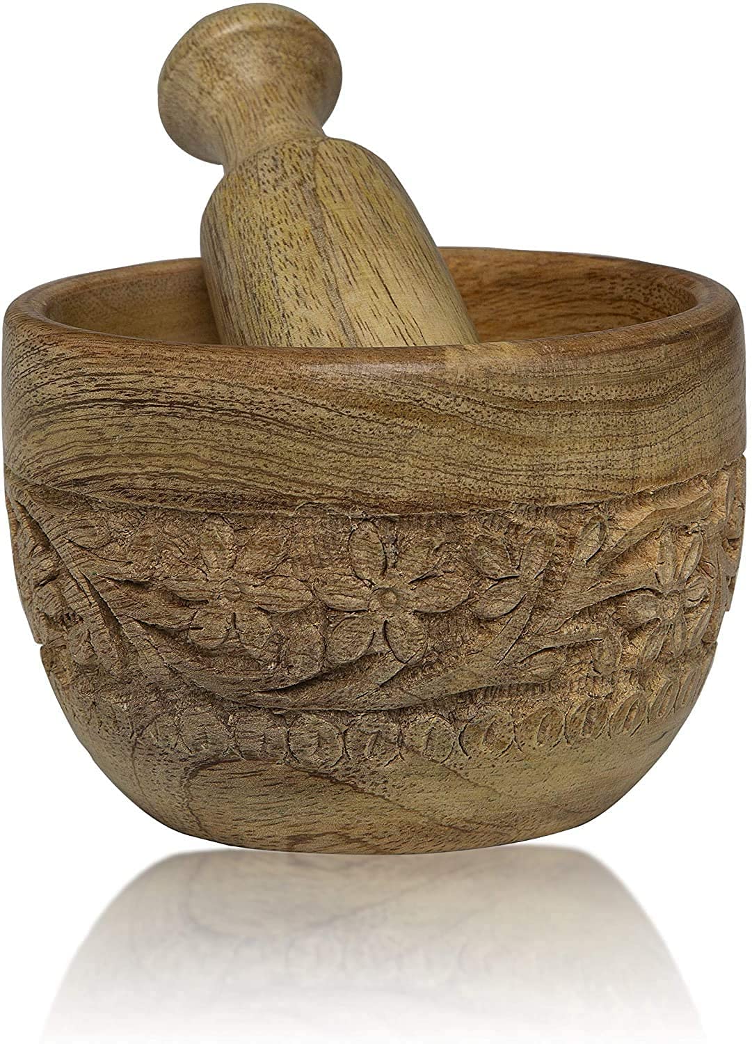 Handmade Wooden Mortar & Pestle Set Natural Rustic Style Herb Spice Grinder Masala Mixer Manual Kharal Mashing Bowl Seasonings Pill Crusher Kitchen Utensils Birthday Housewarming Gift Ideas 7 x 10 cms