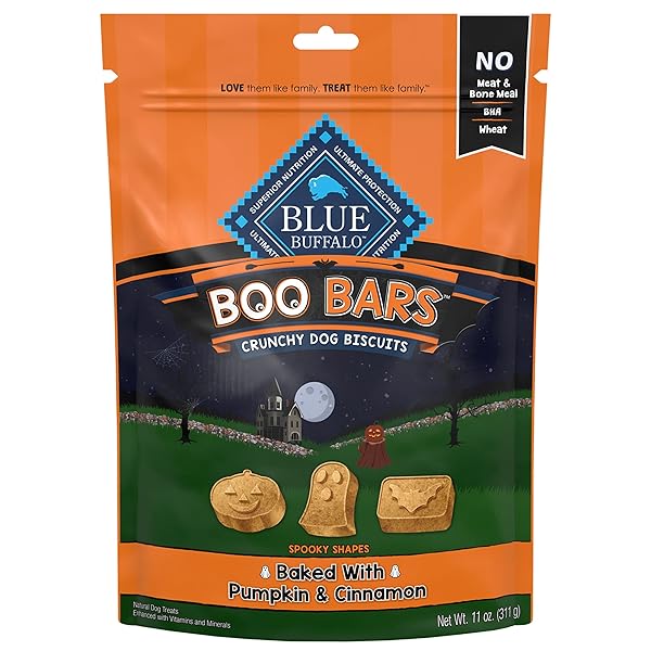 BLUE BUFFALO BOO BARS CRUNCHY DOG BISCUITS, NATURAL HALLOWEEN-SHAPED TREATS, PUMPKIN & CINNAMON RECIPE, 11-OZ BAG