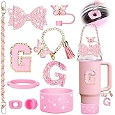 Mity rain 9PCS Pink Cup Accessories Set for Stanley Cup 30oz 40oz tumbler with handle - Includes Strap,Straw Bow Decorate,Straw Topper,Boot,Spill Proof Stoppers,Handle Charms,Sticker (Initials G)