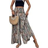 MakeMeChic Women's Boho Palazzo Pants Summer Beach High Waisted Paisley Wide Leg Flowy Trousers