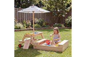KOTEK Kids Picnic Table & Pull-Out Sandbox, Wooden Toddler Outdoor Table Bench Set with Wheels, Adjustable Umbrella, Hidden S