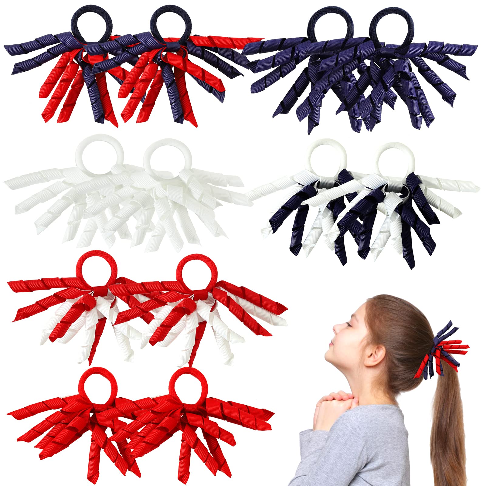 12Pack Curly School Bobbles for Girls,Spiral Streamer Hair Ties Ribbon Hair Bands for Girls School Ponytail Holder Bobbles Red White Blue British Flag Hair Bands