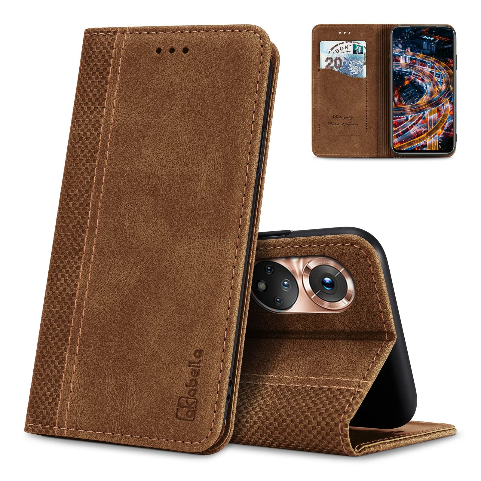 AKABEILA Case for Honor 50 PU Leather Flip Wallet Case with Magnetic Closure Kickstand Card Slot Shockproof Light Brown — image 1