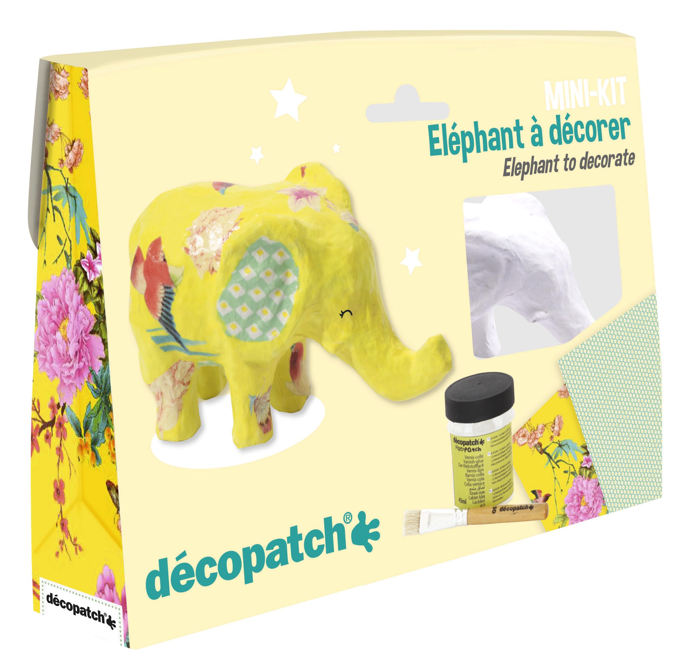 Décopatch - Ref KIT029C - Elephant Mini Kit - Suitable for Children - Includes White Papier Mache Animal, 2 x Décopatch Sheets, Brush & Pot of PaperPatch Glue