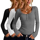 Velvelhall 3 Pack Women's Long Sleeve Henley T Shirts Button Down Scoop Neck Slim Fit Ribbed Knit Casual Clothes Layer Tops