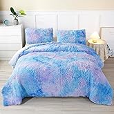 WINLIFE Faux Fur Queen Comforter Set Shaggy Plush Fluffy Bedding Comforter Sets Rainbow Tie Dye Multicolor Bedding for Girls (3Pcs, Queen, Purple Blue)