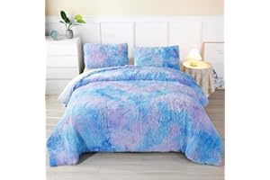 WINLIFE Shaggy Bedding Comforter Set Faux Fur Flannel Furry Comforter Microfiber Plush Comforter Sets Pastel Gradient Ombre Tie Dye Multicolor Bedding for Girls Adults (3Pcs, Twin, Purple Blue)
