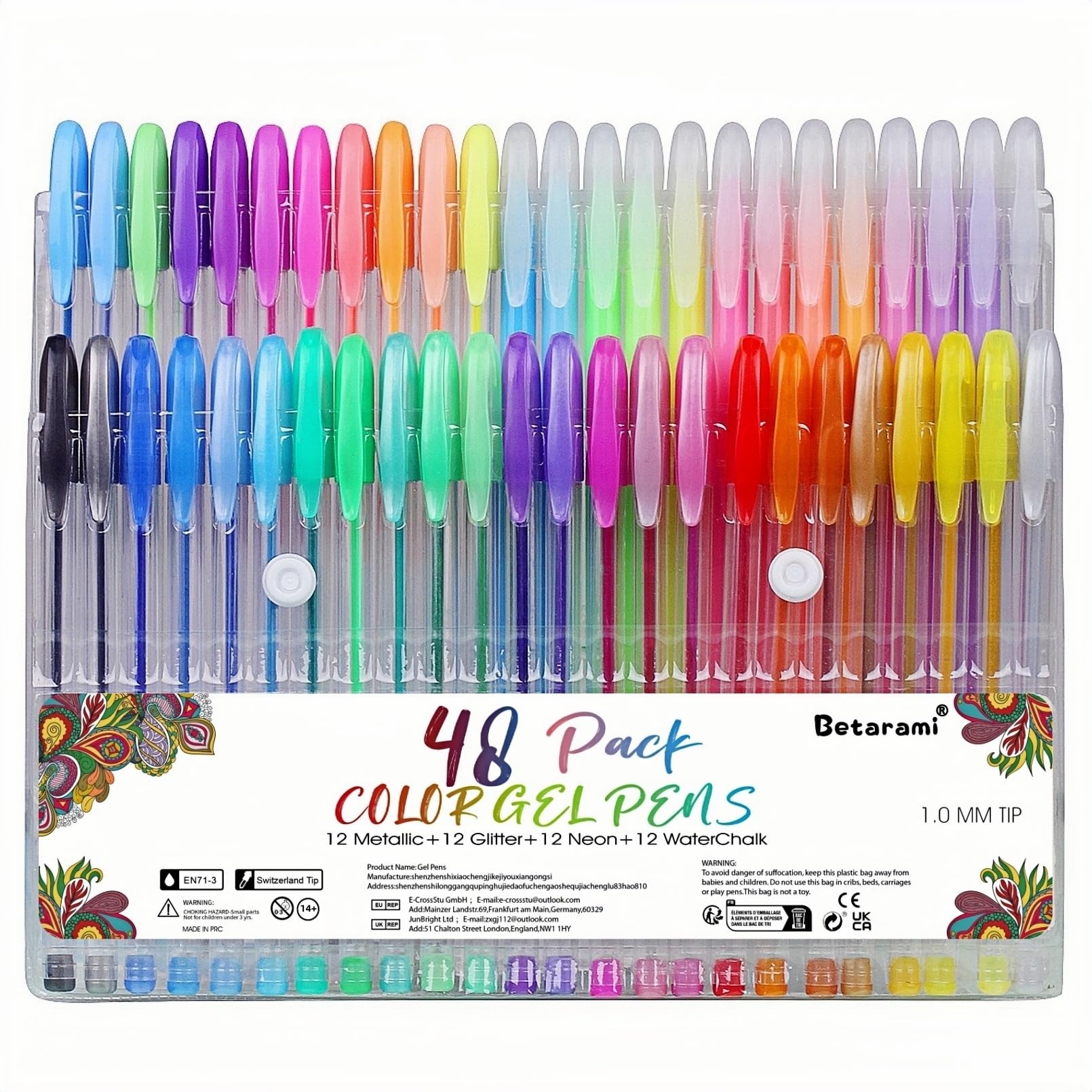 Betarami 48 Pcs Coloring Gel Pens, Including 12 Glitter, 12 Metallic, 12 Neon, 12 Water Chalk, Color Pen for Coloring Books,Drawing