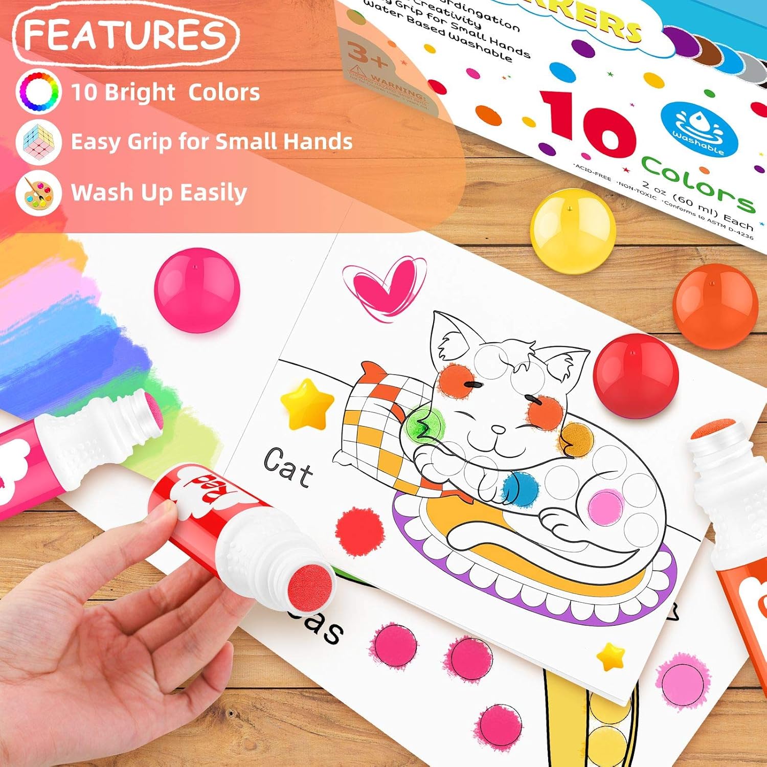 Washable Dot Markers for Toddlers Kids Preschool, 10 Colors 2 oz Kids Markers Set with 48 Pages Tearable Activity Book for Toddler Arts and Crafts Kits Supplies, Non-Toxic Water-Based Paint Dauber: Office Products