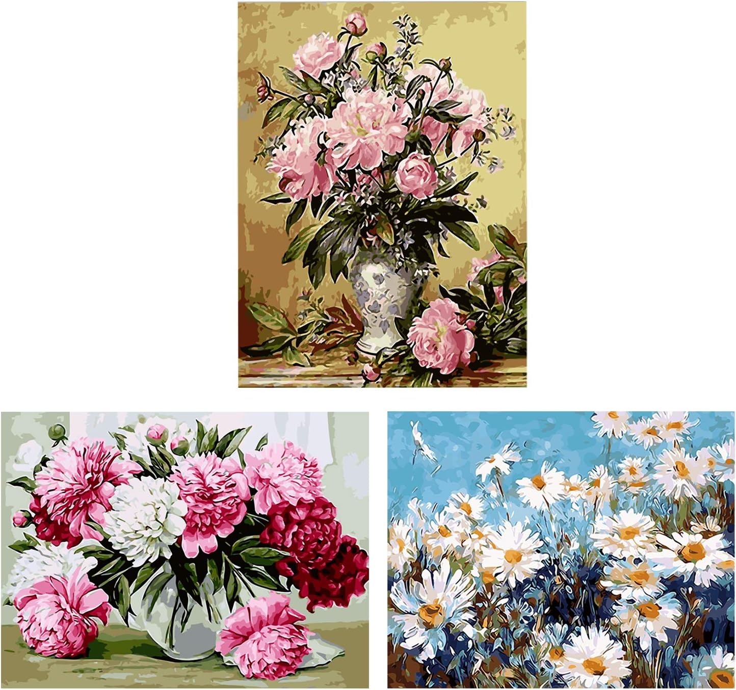 3-Pack DIY Canvas Acrylic Oil Painting Paint by Numbers Kit Flowers for Kids Adults Students Beginner for Home Wall Decoration16x20 Inch (B-Pack)