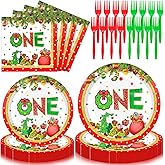FoldTier 96 Pcs Christmas Green One Birthday Party Supplies Red and Green Paper Plates and Napkins Forks Disposable Tableware Set for Xmas Theme 1st Baby Shower Birthday Home Decorations, 24 Guests