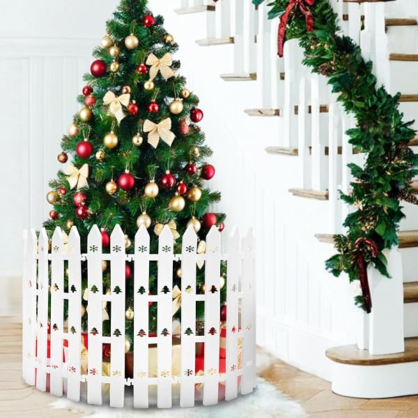 24″ EXTRA TALL FENCE FOR CHRISTMAS TREE,12PCS WHITE PICKET FENCE GATE BARRIER WITH SNOWFLAKES&TREE PATTERNS CHRISTMAS TREE GATE FOR PETS(24″ H X 5″ W EACH)