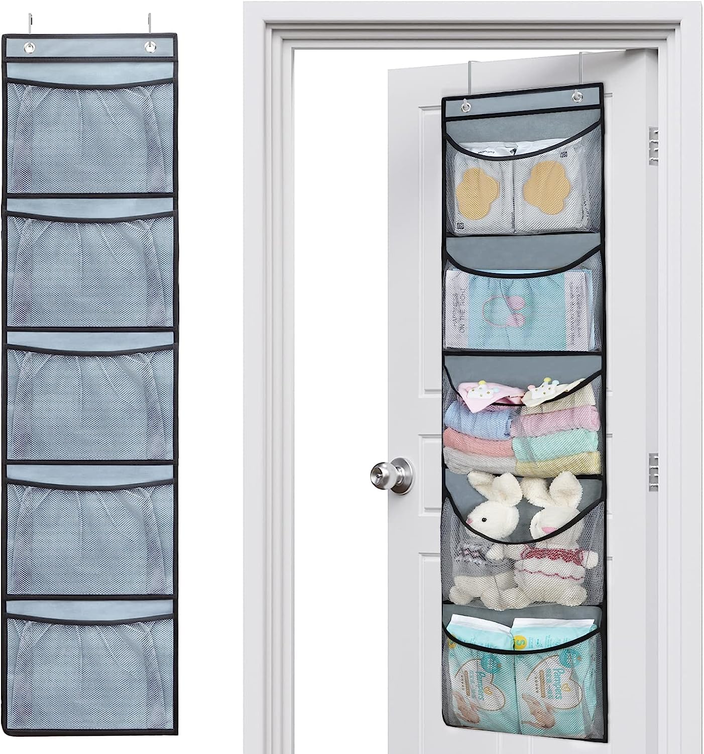 Baoswi 2 Pack Over The Door Organiser Storage for Closet with 5 Large Pockets Hanging Storage Shelves Organiser for Bedroom Bathroom (Grey)