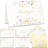 Crisky Floral 4 Assorted Thank You Cards (50 Pack) with Envelopes & Stickers Greeting Cards Bulk, Watercolor Delicate Wildflower for Birthday, Baby Shower, Wedding, Graduation