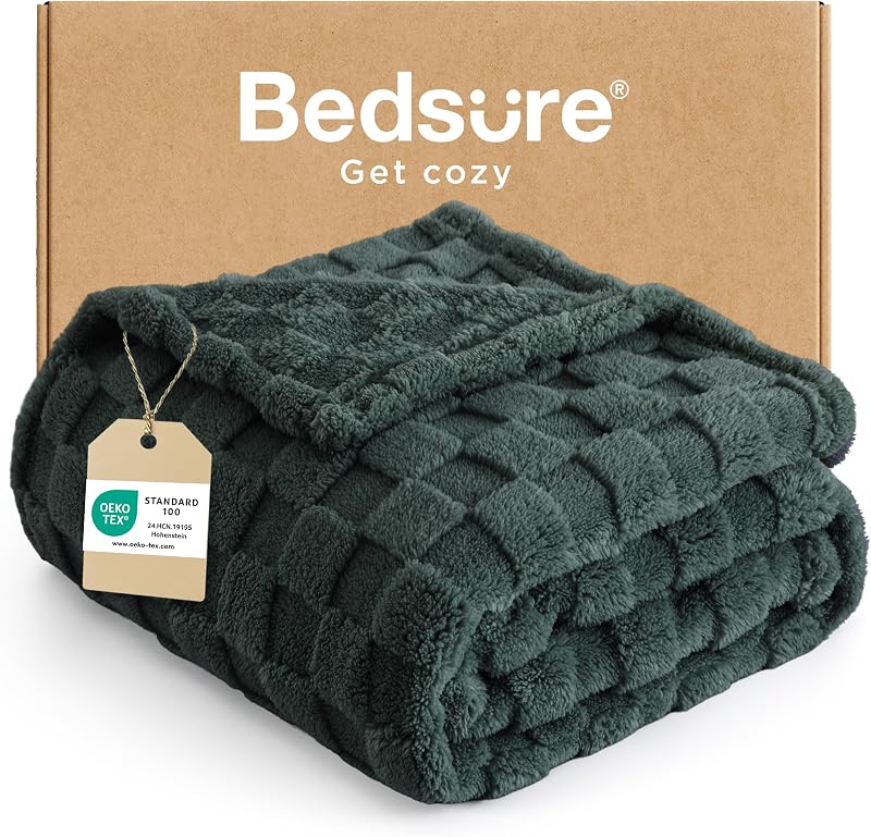 Bedsure Fleece Throw Blanket Soft Checkered Dark Green 152x203 cm