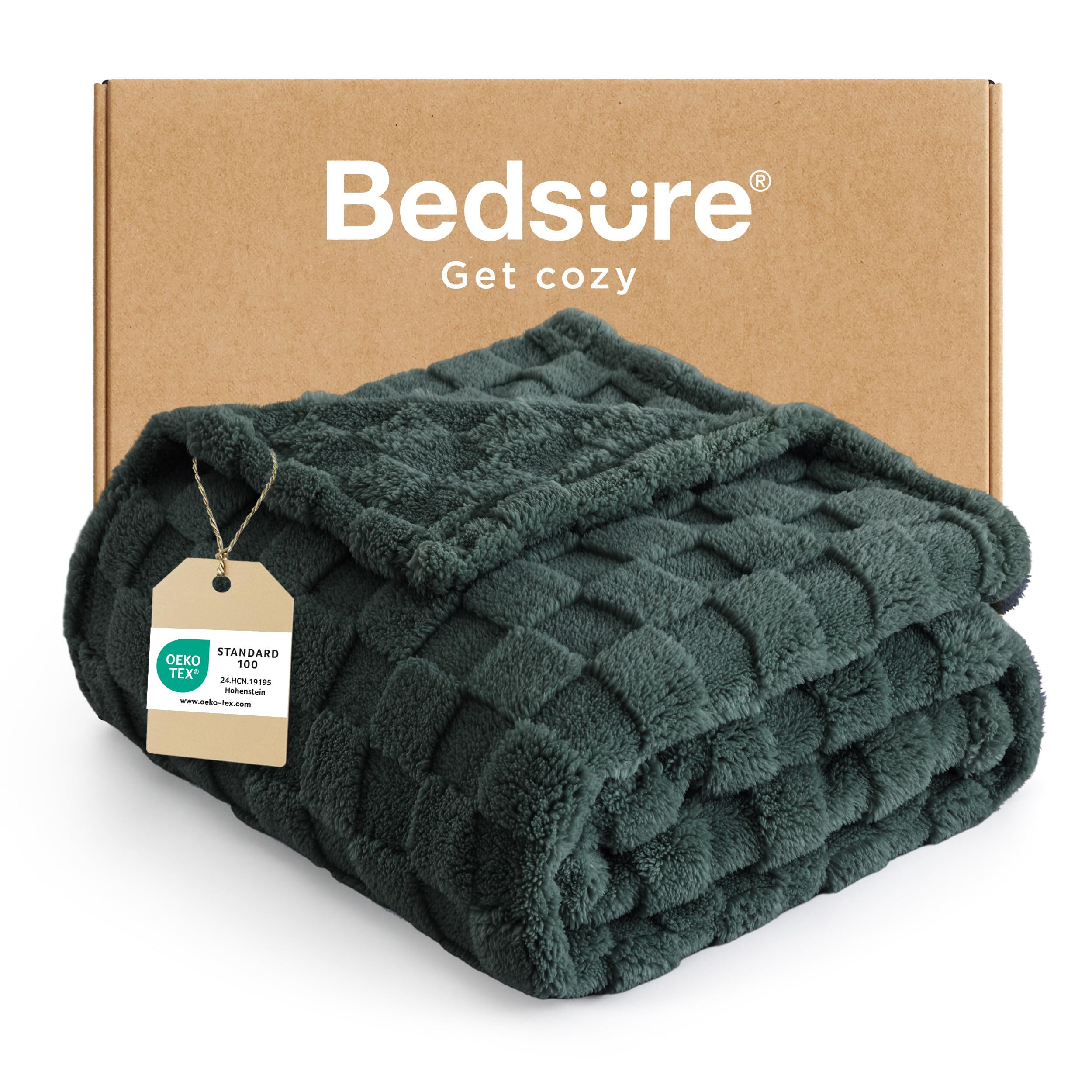 Bedsure Fleece Throw Blanket for Bed - Soft Cosy Checkered Blankets for Sofa, Fluffy Warm Double Throw for Women and Girls, Dark Green, 152x203 cm