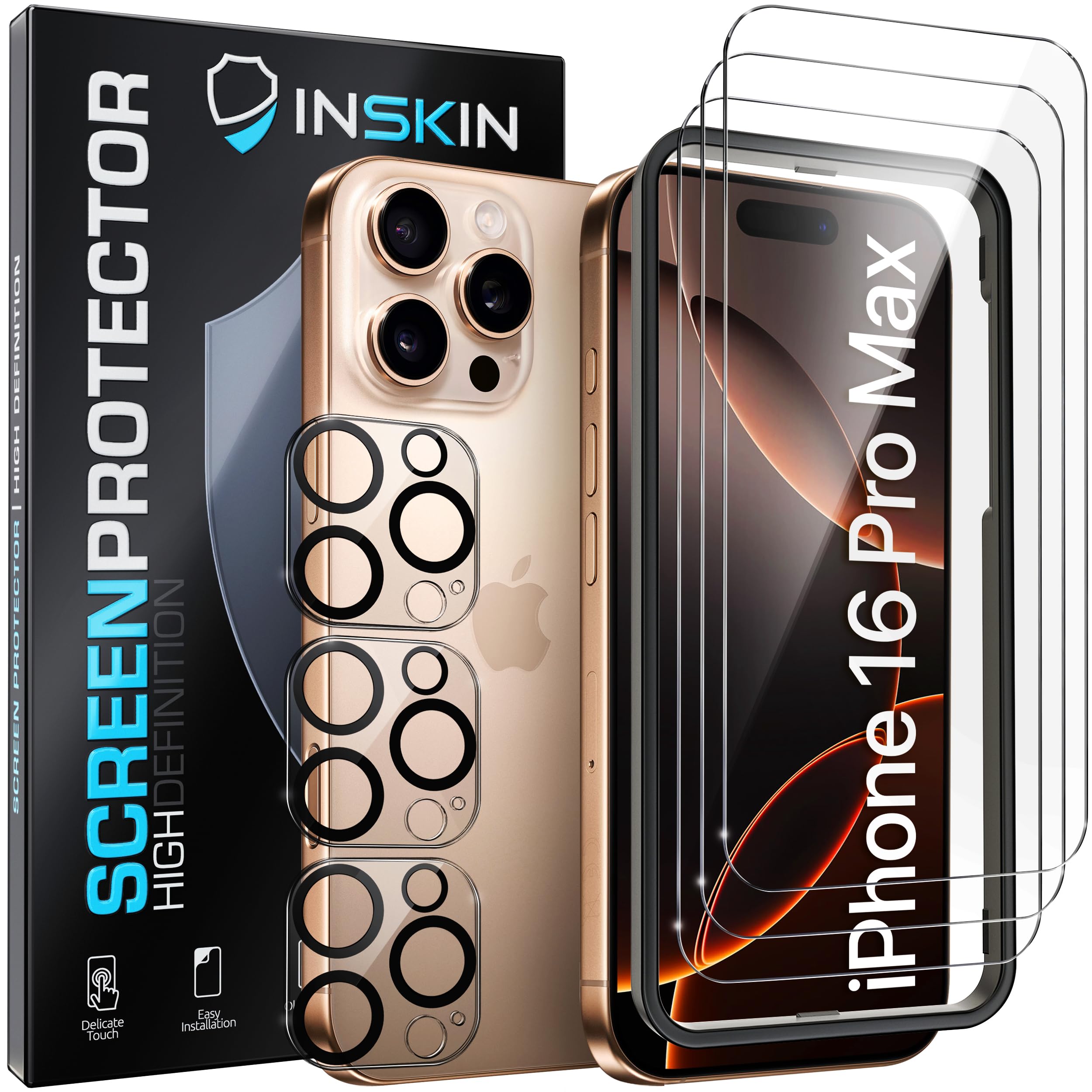 Inskin Tempered Glass for iPhone 16 Pro Max Screen Protector, Screen Protector 16 Pro Max with Camera Lens Guard and Auto Alignment Tray – 6.9 inch (2024), Ultra HD, Case Compatible, 3+3 Pack