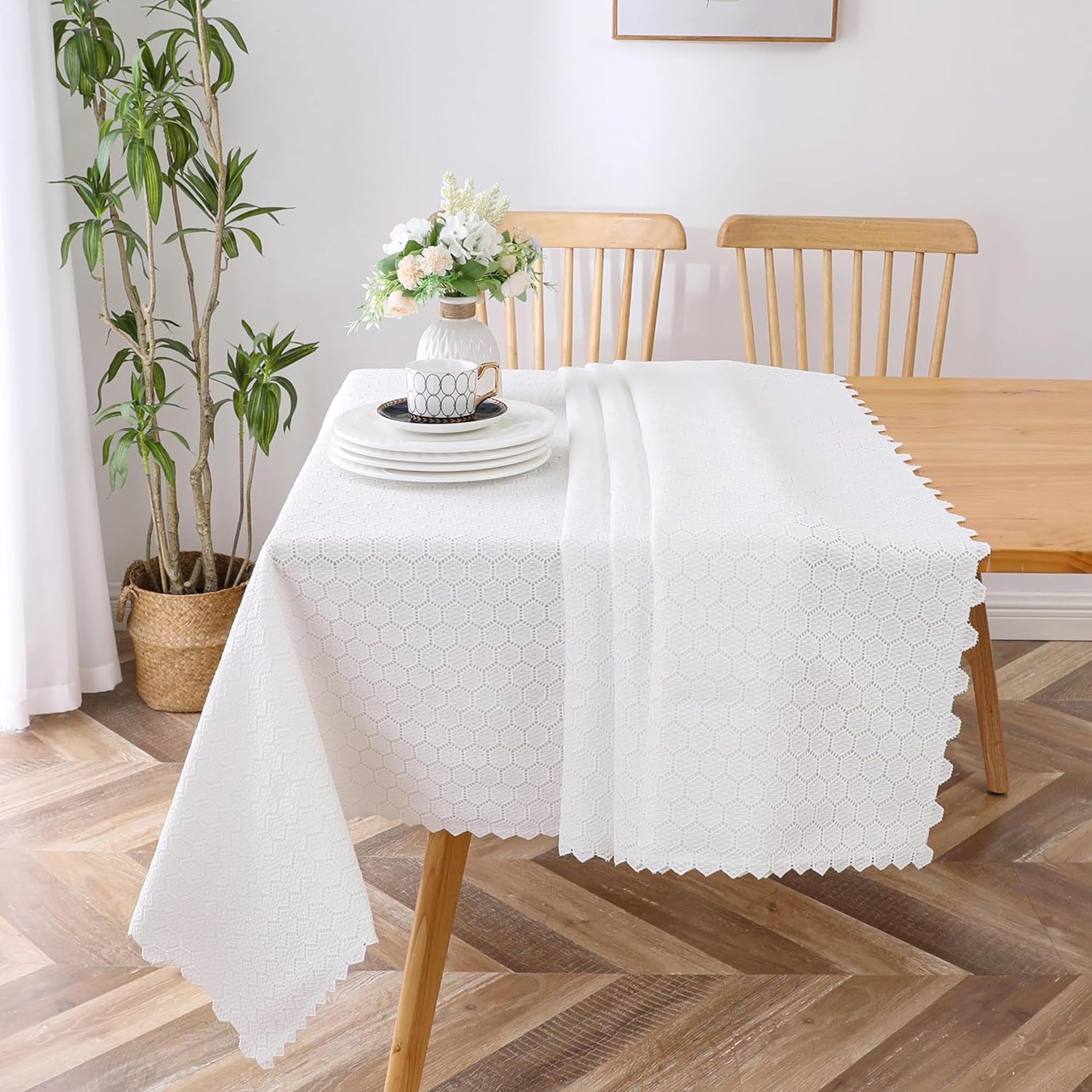 Majestic Giftware Polyester Tablecloths for Rectangle Tables – White Lace | (70/160) – TC1725UL Mini Hexagon – Unlined Design Dining Table Cover | Decorative Washable Tablecloth for Home & Kitchen
