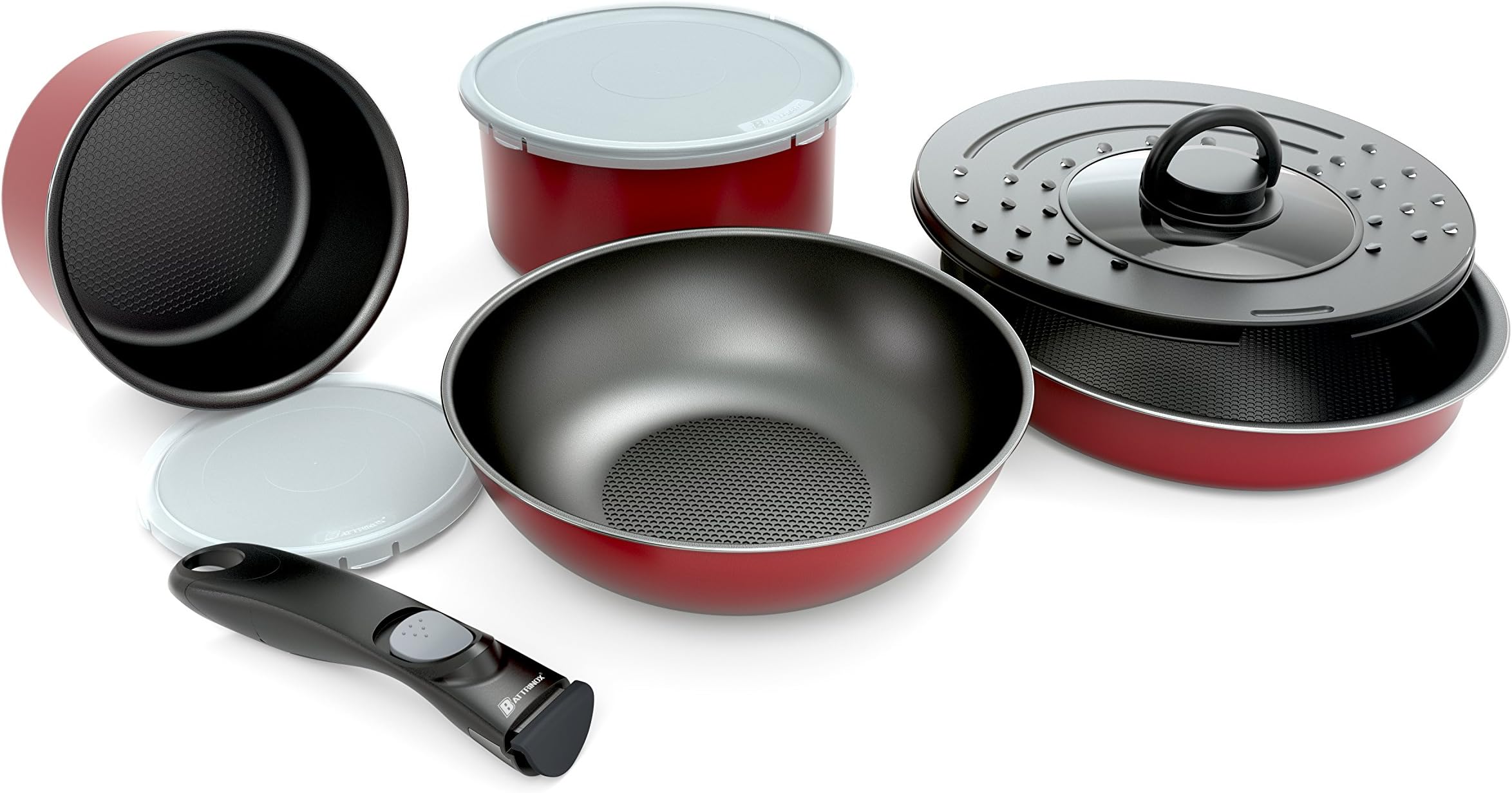 Backen Set of 8 Frying Pans and Saucepans with Removable Handle - Red - All Heat Sources Including Induction