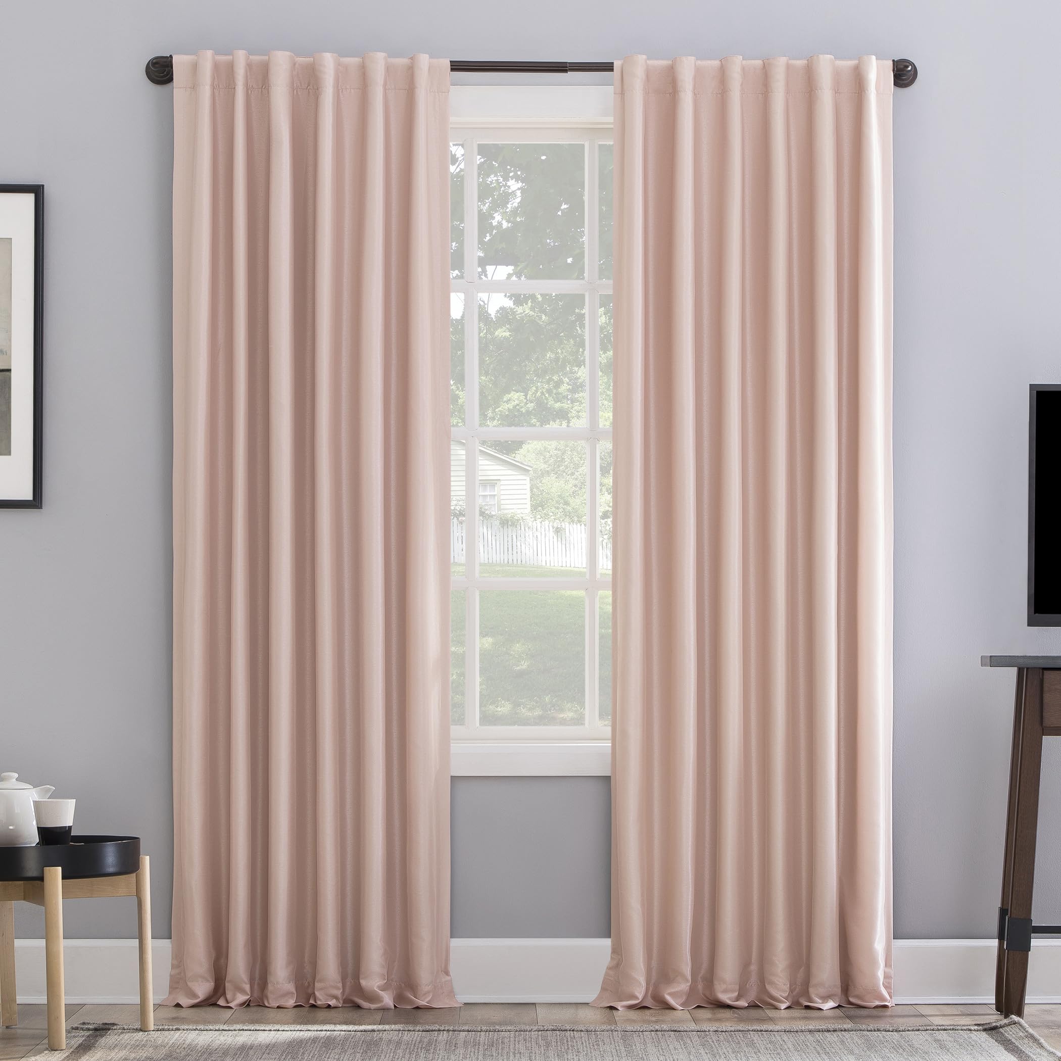 Sun Zero Greyson Faux Dupioni Silk Thermal Extreme Total Blackout Back Tab Curtain Panel, 50" x 63", Blush Pink