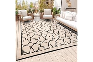 Pendolr Reversible Mats - Outdoor Rugs 9'x12' for Patios Clearance, Plastic Straw Rugs Waterproof, Portable, Outdoor RV Camping Rug, Garden, Balcony, Picnic, Beach, Camping(Black & Beige)